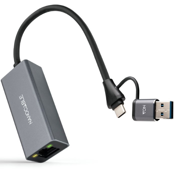 Nanocable Conversor USB-C + USB-A 3.0 a Ethernet RJ45, 1000 Mbps, Gris